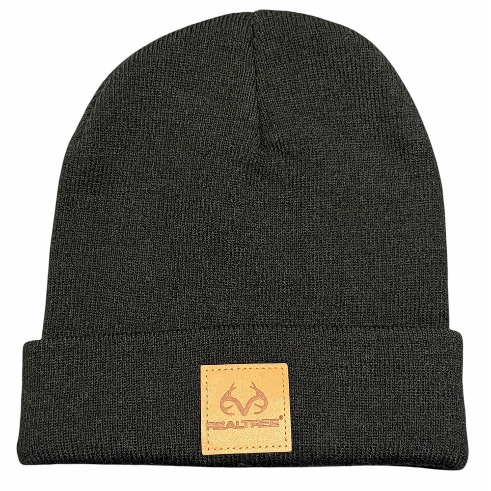 RealTree Men's Winter Knit Beanie Hat Leather Patch Black Hunting Fishing